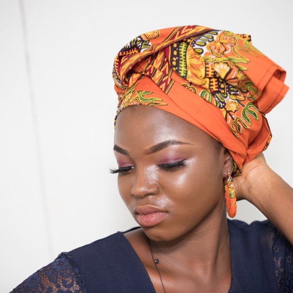 Matching African Dashiki Head Wrap & Earrings - DO - Picture 7 of 10